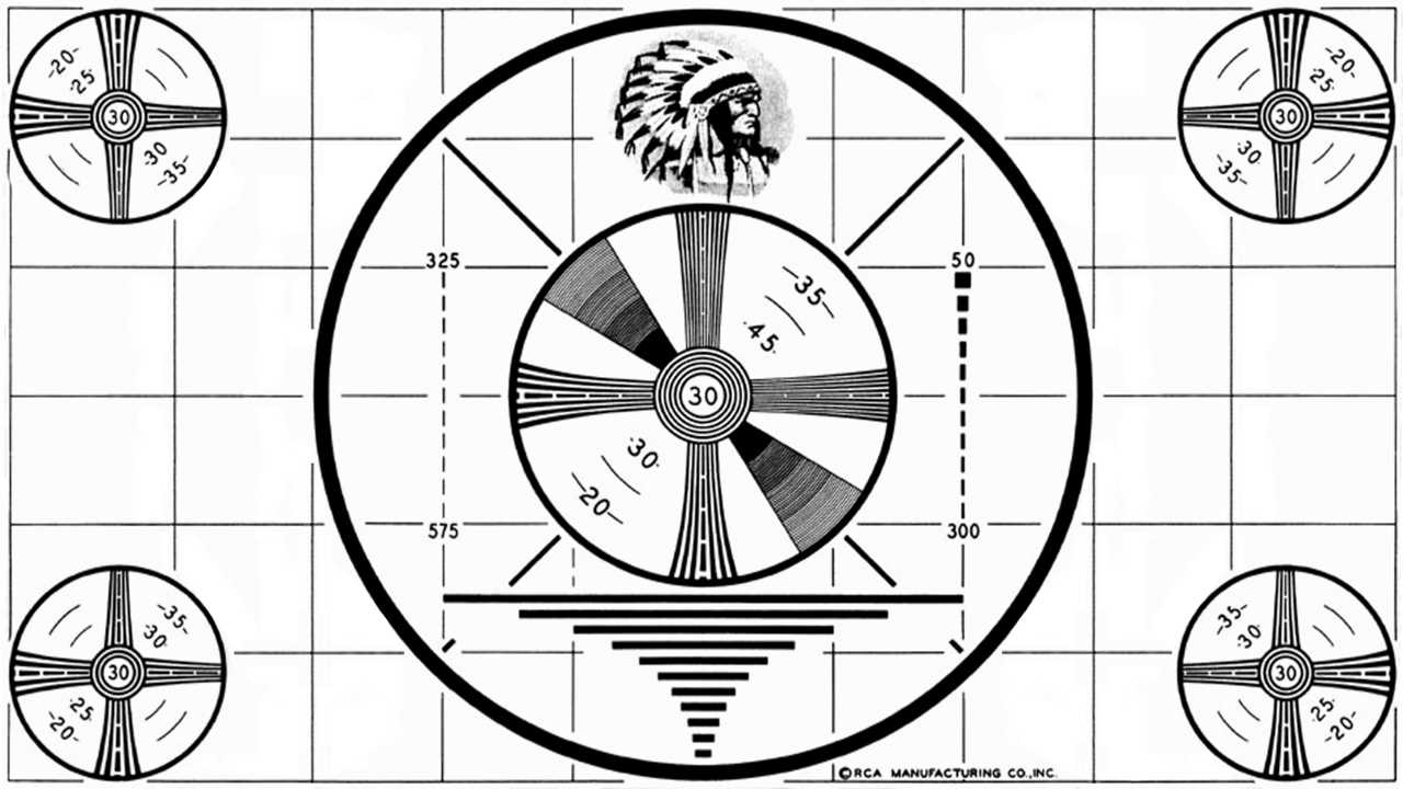A streaming timeout Television RCA Sign off Alignment Test Pattern - Indian Head Version 1950's