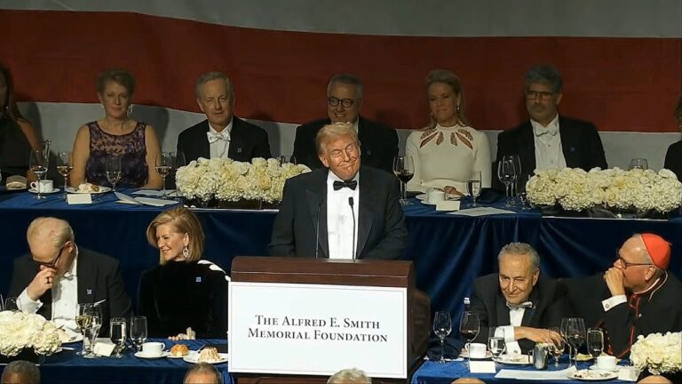 Donald Trump delivers remarks at the Al Smith dinner