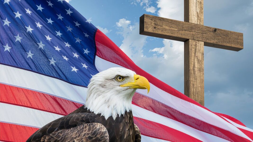 God Bless America: The Faith We Have Forgotten American Fl;ag, Eagle, and Christian Cross Montage