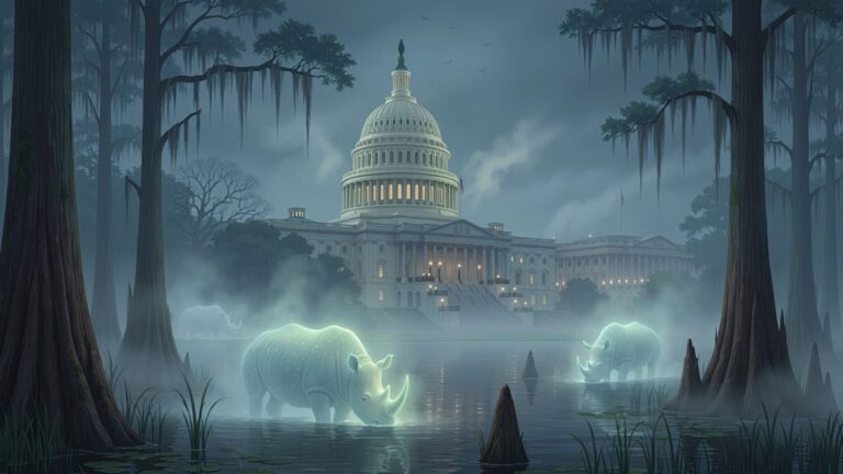 Washington DC swamp with disappearing Rinos