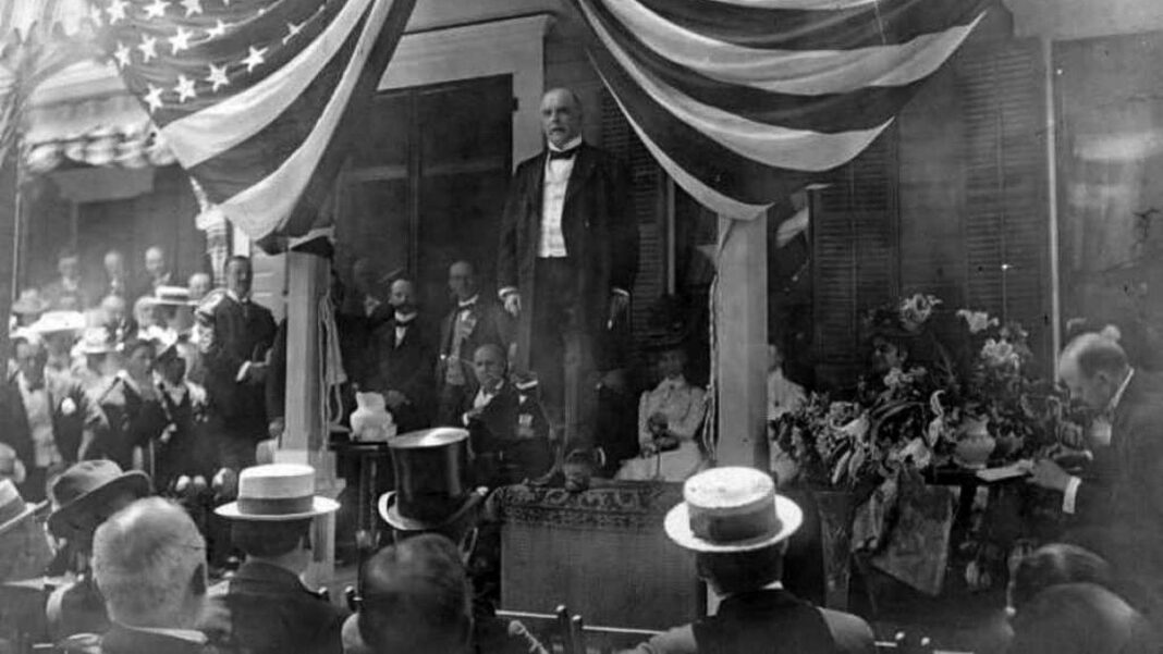 William McKinley campaigning from his front porch in 1896.