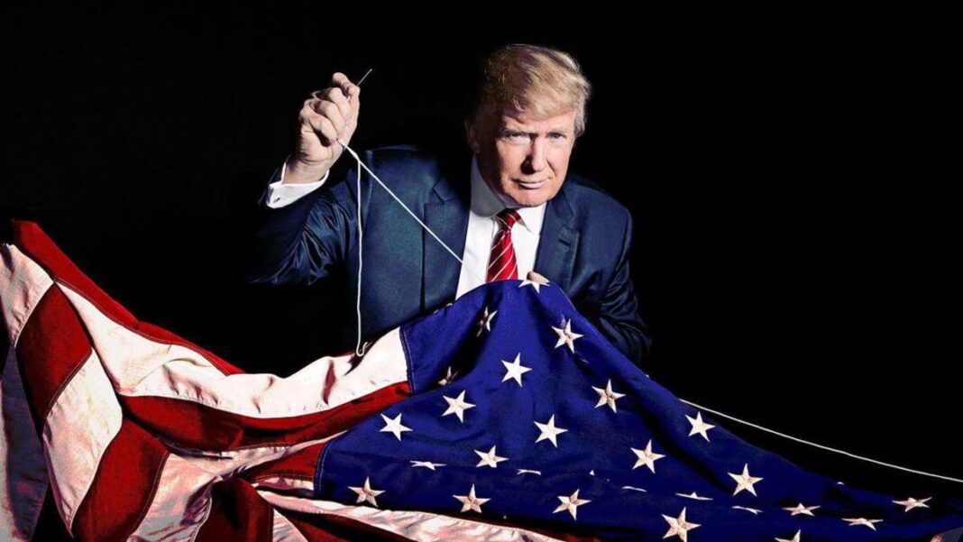 Donald Trump sewing an American flag