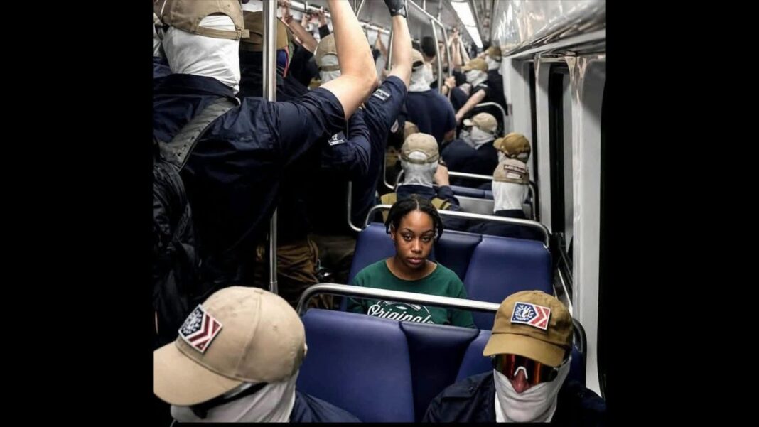 Black Woman riding on DC Metro surrounded by Patriot Front members.
